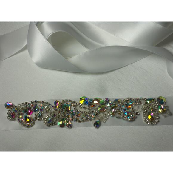 White AB Rhinestone Crystal Appliqued Bridal Wedding Prom Party Formal Sash Belt - Picture 3 of 5